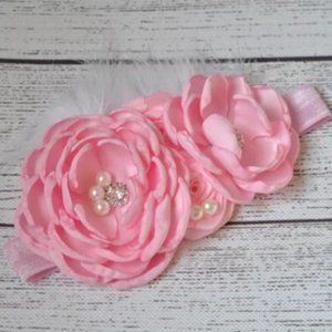 Pink floral Easter headband bow birthday hair accessories photoshoot flowers